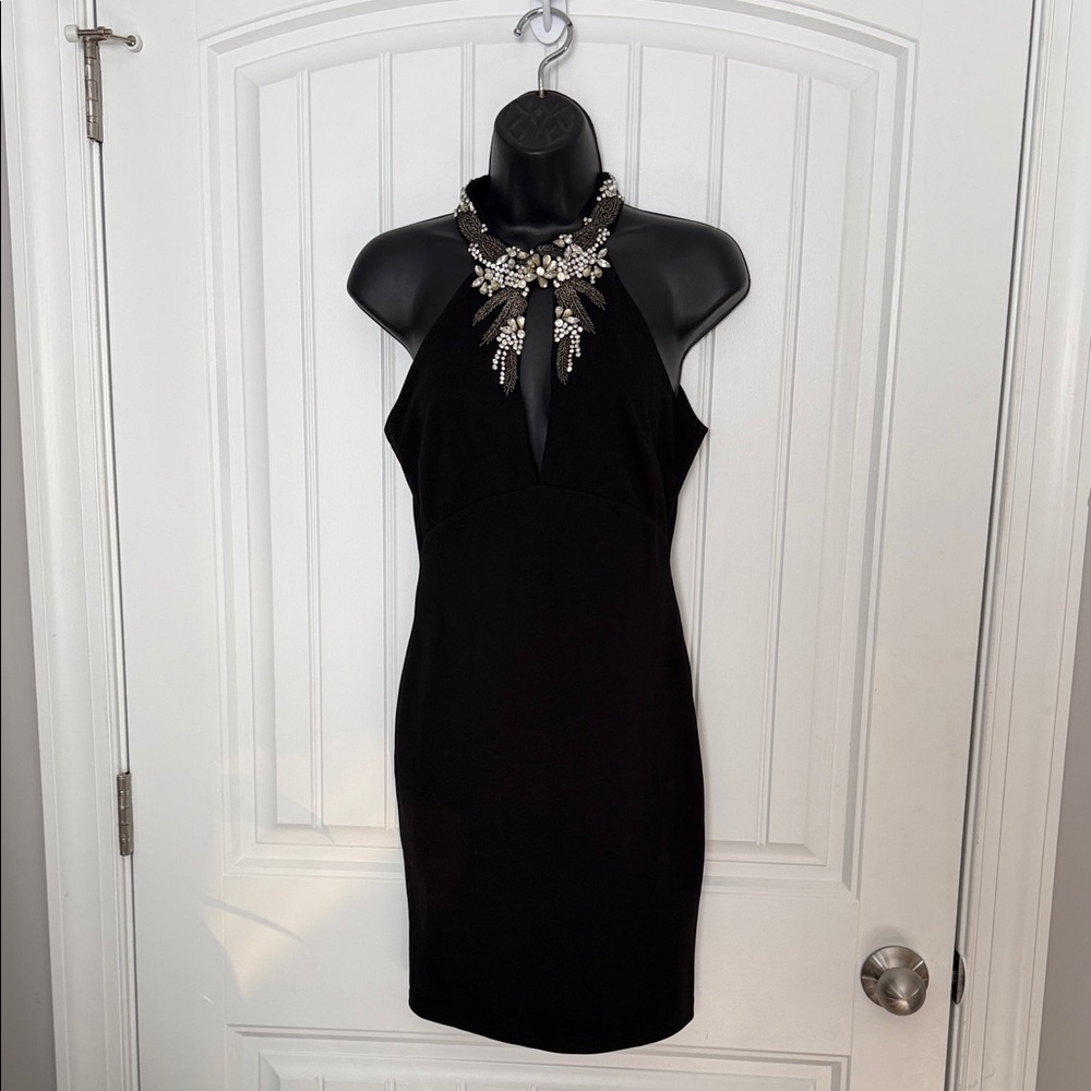 Elegant Black Halter Dress with Embellishments size XS